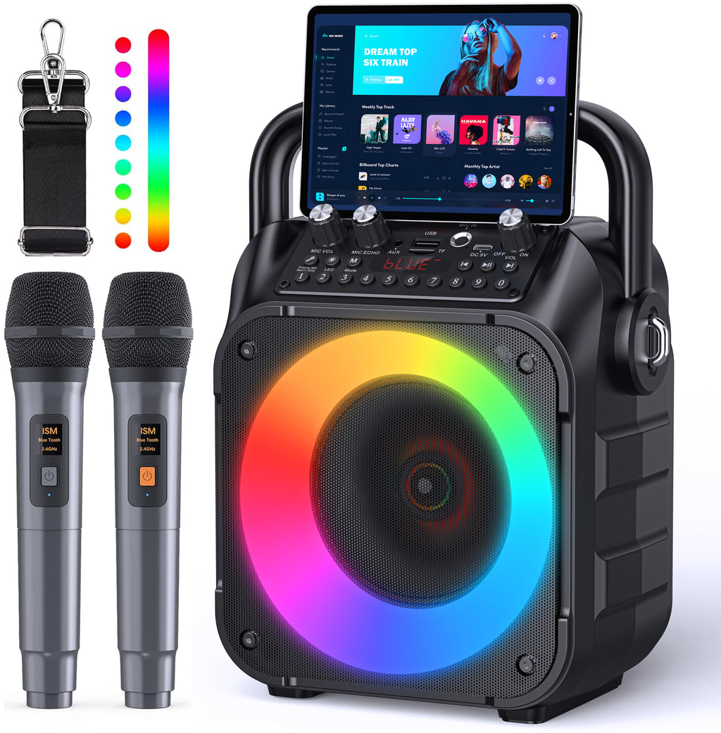 CYY Karaoke Machine, Portable Bluetooth Speaker with 2 Wireless Microphones for Adults & Kids with Lights, Karaoke Microphone with PA System Supports USB/TF/FM/AUX for Home Party Home System Packages