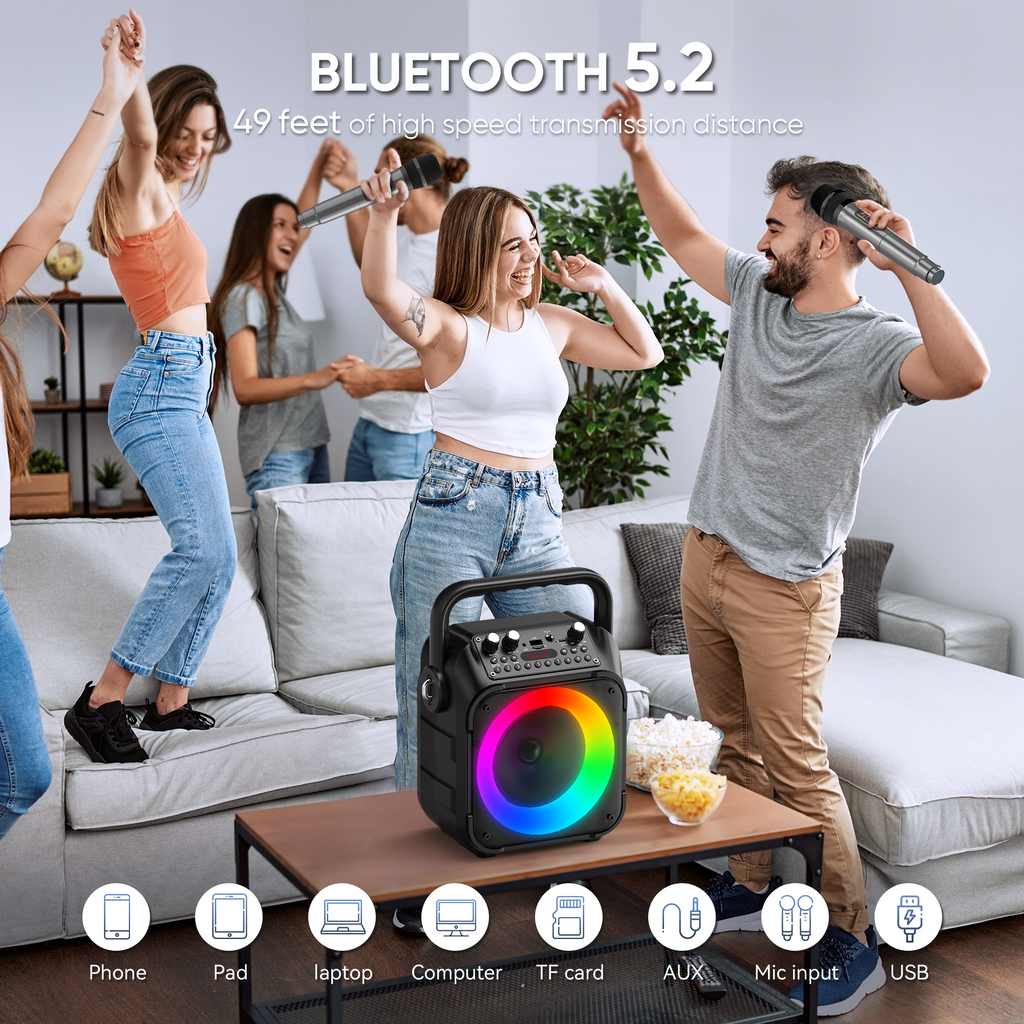 CYY Karaoke Machine, Portable Bluetooth Speaker with 2 Wireless Microphones for Adults & Kids with Lights, Karaoke Microphone with PA System Supports USB/TF/FM/AUX for Home Party Home System Packages